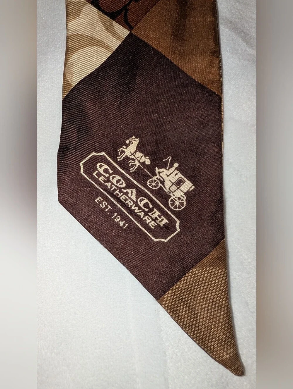 Coach Brown Patchwork Silk Tie Scarf Brown